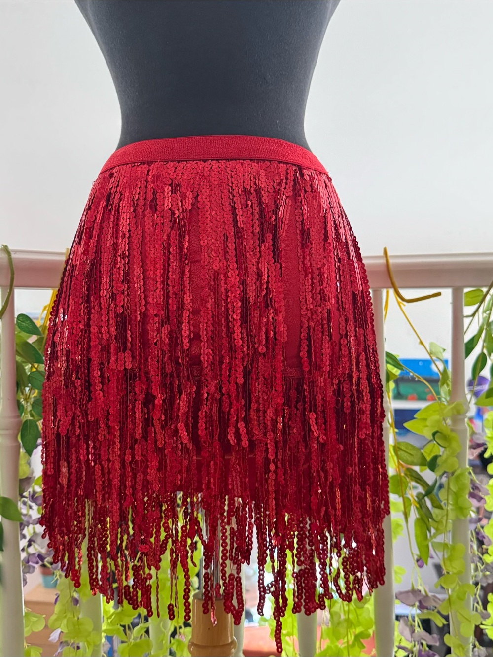 Red Sequin Fringe Mini Skirt